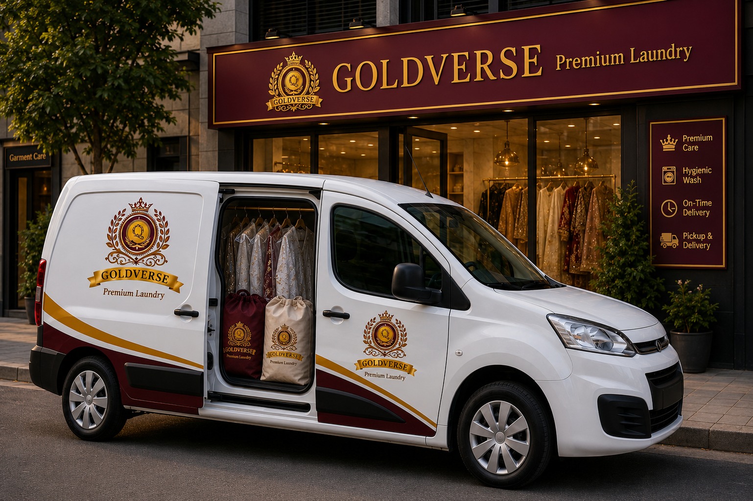 GoldVerse Laundry pickup and delivery van outside a laundry storefront