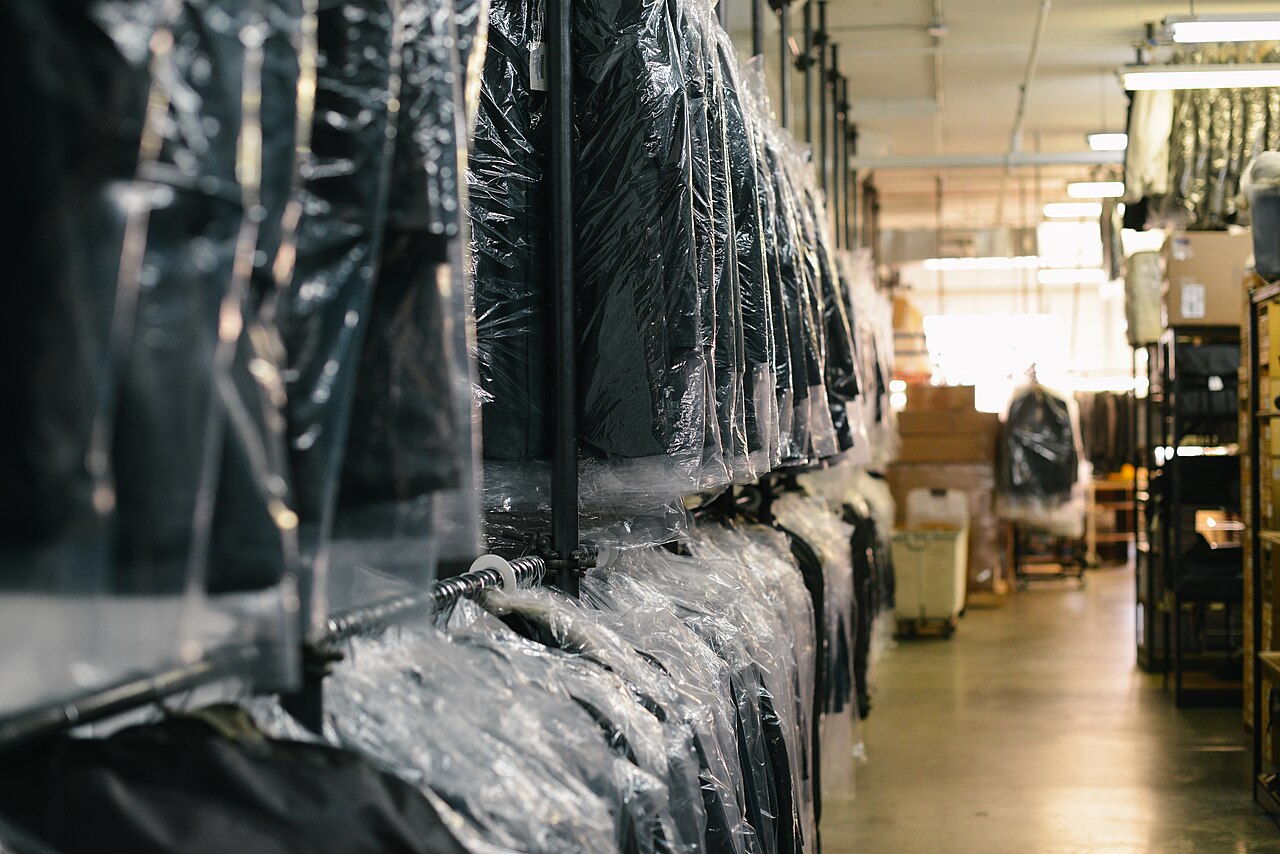 Dry cleaned formal clothes protected on hangers
